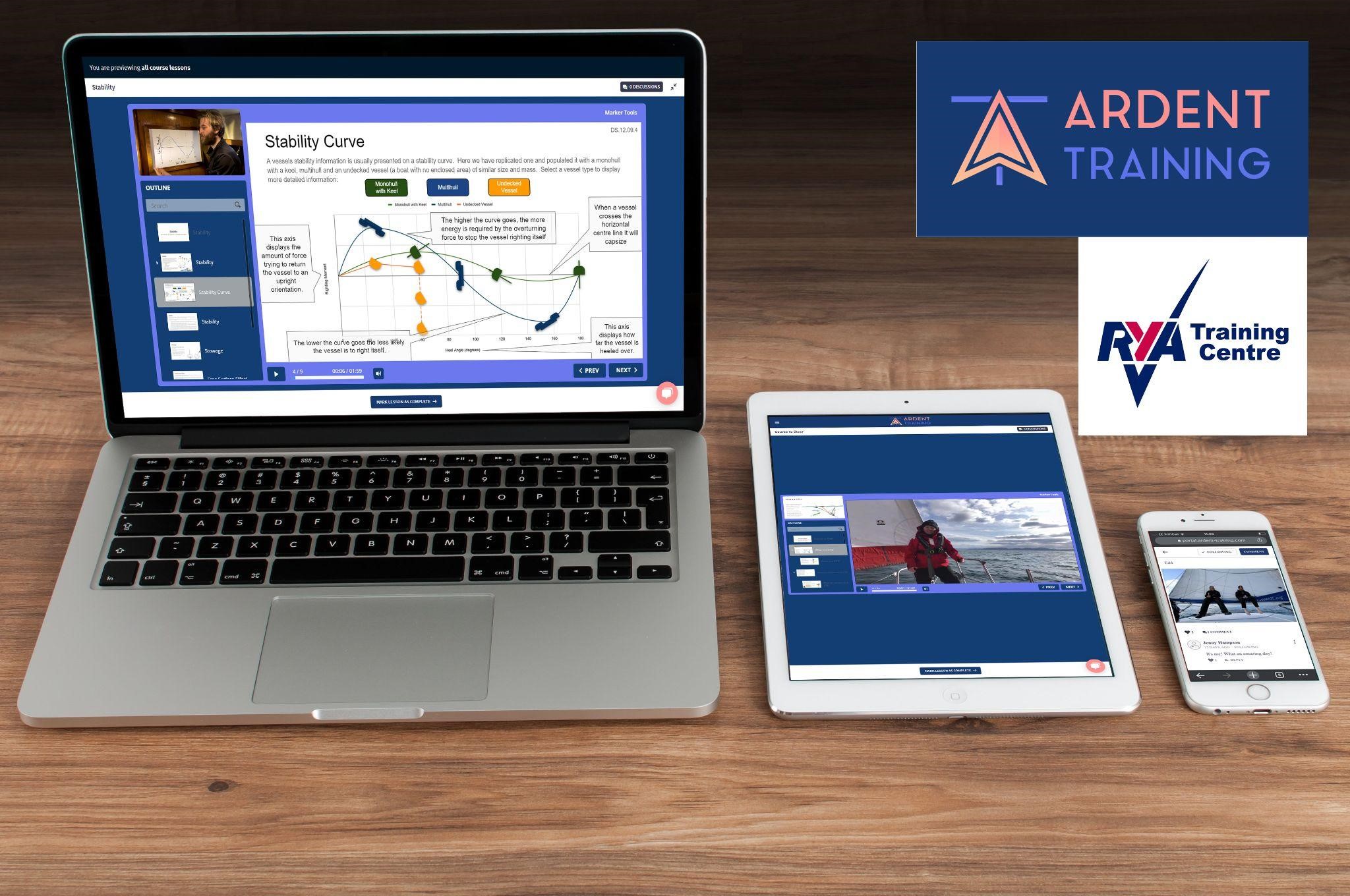 Ardent Training online RYA theory course across laptop, tablet and mobile devices